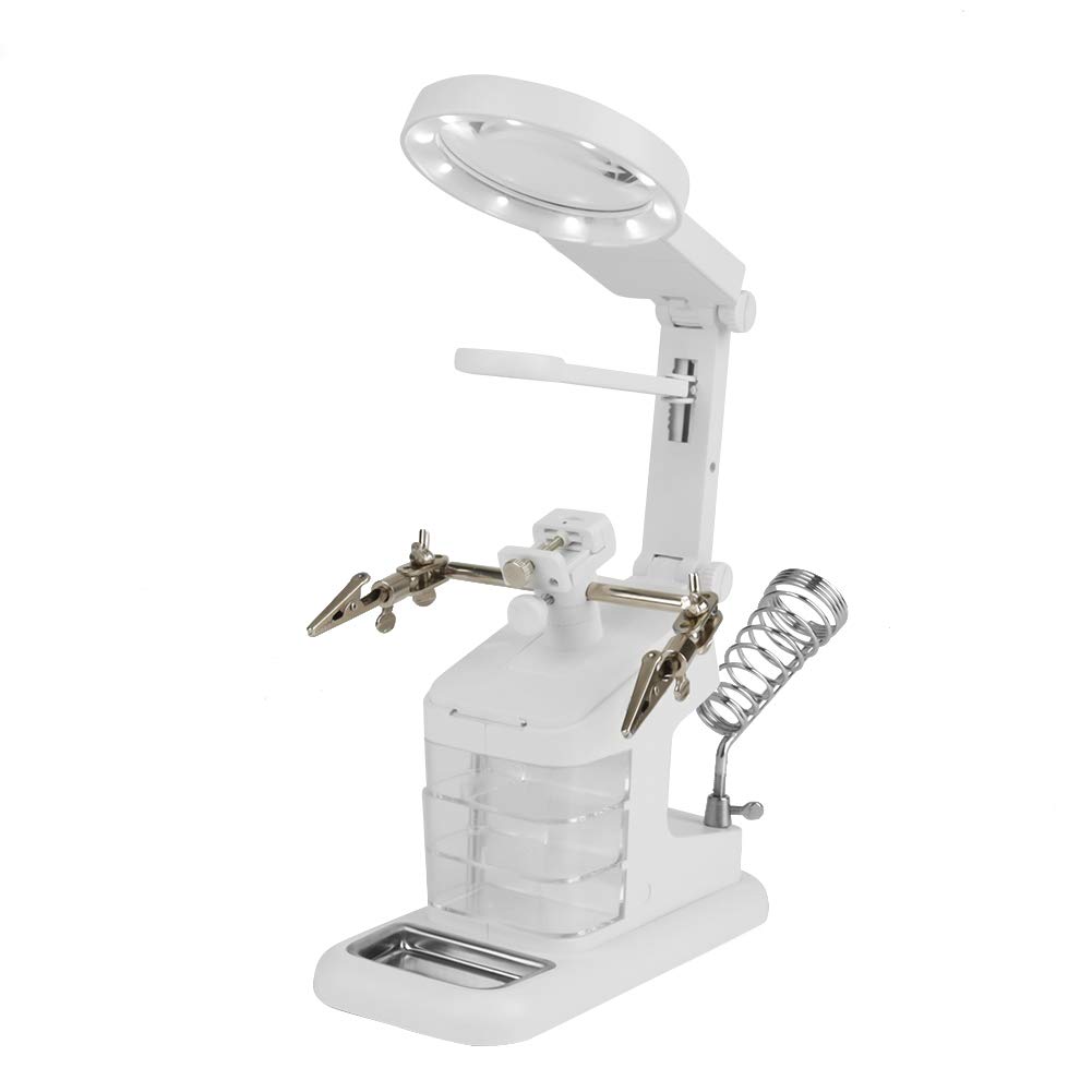 LED Light Helping Hands Magnifier Soldering Station 3X/4.5X/25X USB Lighted Hands Magnifying Glass Stand with Clamp and Alligator Clips - Soldering, Assembly, Repair, Modeling, Crafts (White)