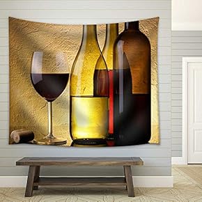 Still-Life with Three Wine Bottles and Glass Over Textured Background - Fabric Wall Tapestry Home Decor - 51x60 inches