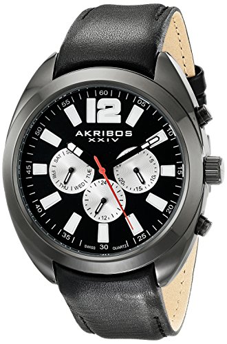 Akribos XXIV Men's AK777 Multifunction Quartz Movement Watch with Cognac Calfskin Leather Strap (Black)