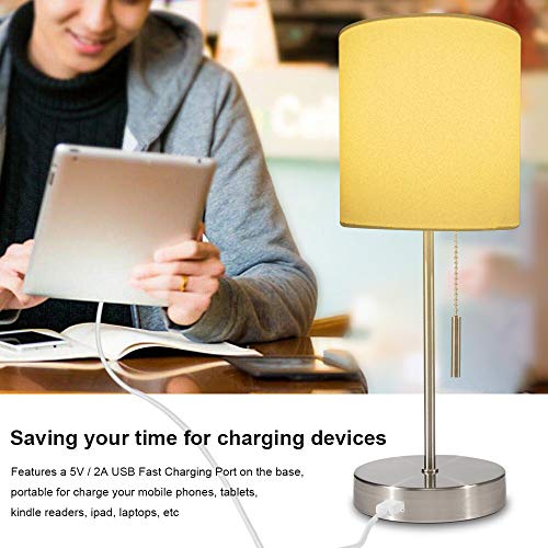 DEEPLITE USB Table Lamp Bedside Nightstand Lamp with USB Port, Modern Desk Lamp Ambient Light for Bedroom, Living Room, Office, Silver Metal Base, Cylinder Lampshade(Set of 2)
