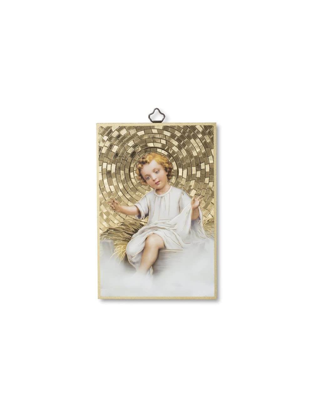 BONELLA BROTHERS Bonella Brothers | Sacred picture on 8mm poplar MDF wood with golden foil mosaic of Baby Jesus with Prayer on the back 10 x 15 cm | Made in Italy