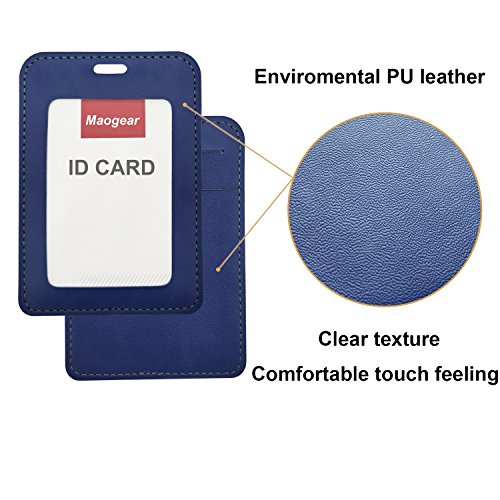 ID Holder PU Leather ID Badge Holder Wallet - Double Sided Name Card Holder with Pockets Clear Viewing Window Id Badge and 20" Neck Lanyard/Strap for Offices ID, School ID, Credit Card (Blue)