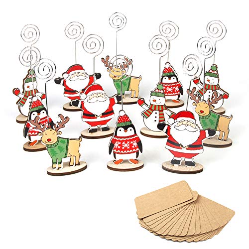 Amytalk 12Packs Christmas Wood Place Card Holders with Swirl Wire and 20Pcs Kraft Place Cards, Wooden Table Memo Photo Picture Number Sign Stands Holder for Party Table Decorations