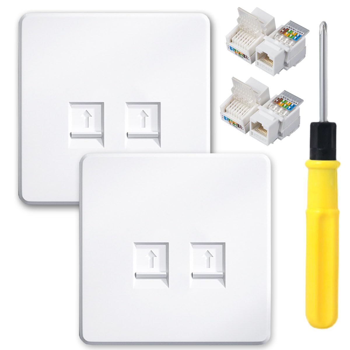 Acmerota Double 2-Port Socket Ethernet Faceplate CAT6 Flat Face Socket Wall Plate for Ethernet Cable Networking Socket Box (Double 2-Port, CAT6,RJ45) with Tool-Free Ethernet Adapter Module