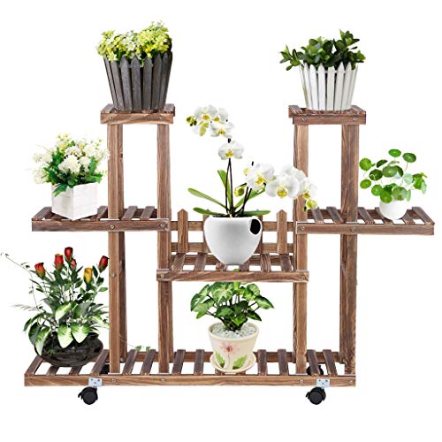 Iuhan Wooden Plant Stand Rolling Garden Cart Plants Flower Display Racks Holder Ladder with 4 Tier Garden Decoration Display 4 Layers Planter Rack Shelf Organizer for Indoor Outdoor