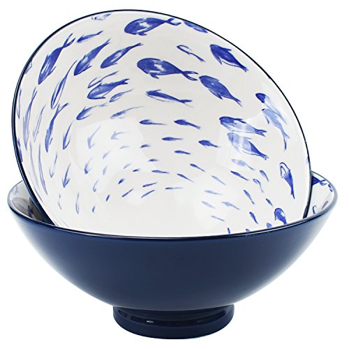 YALONG 40-Ounce 8 inch Porcelain Blue Serving Bowls for Soup Salad Ramen Pasta with Fish Design, Pho bowl Set of 4