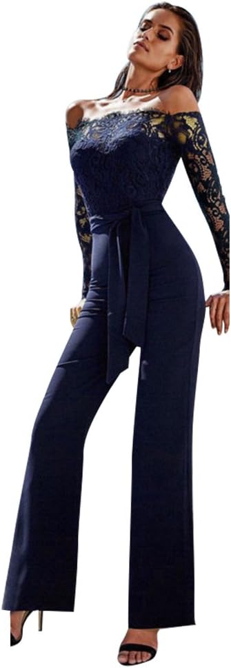 LvRaoo Women's Long Sleeve Lace Jumpsuit Off Shoulder Belted Playsuit Bodysuit Trousers for Beach Party Cocktail