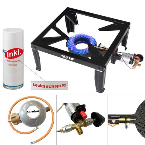 CAGO 4 Bein Profi Gas Hockerkocher 10,5 kW Gasbrenner Gaskocher mit Zündsicherung Piezozündung inkl. Gasschlauch Gasregler un