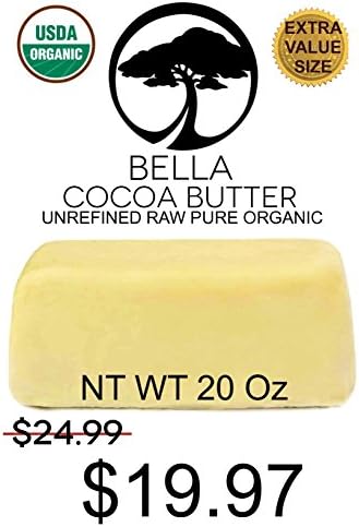 100% Unrefined Organic BELLA COCOA BUTTER - Get 20 Oz for the Price of 16 Oz - Raw COCOA Butter - USDA Certified Organic