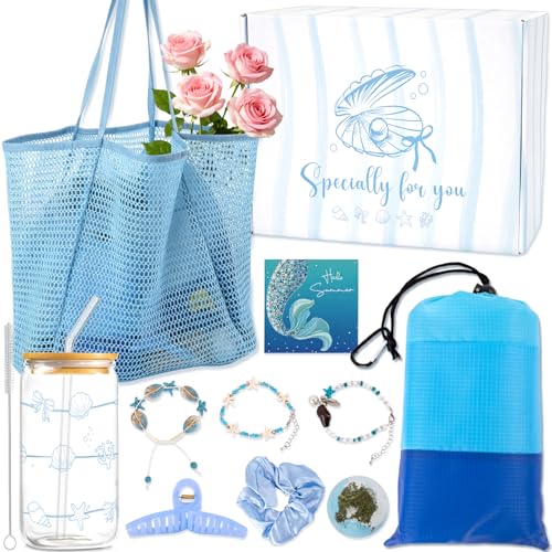 YYSWSAKY Regalo para Mujer, Pack Regalo Mujer Playa, Bolso de Playa Grande, Manta Impermeable 200x210cm, Vaso con Tapa y Pajita, Bola de Baño, Regalo de Cumpleaños para Mejor Amiga, Hermana