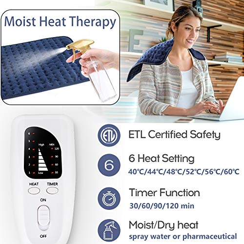 Heating Pad for Back Pain, Large Electric Heating Pad for Cramps Pain Relief, 6 Heat Settings with Auto Shut Off Timer, Moist Heat Therapy Pad for Neck, Shoulder, Knee, Machine Washable, 12 x 24 inch