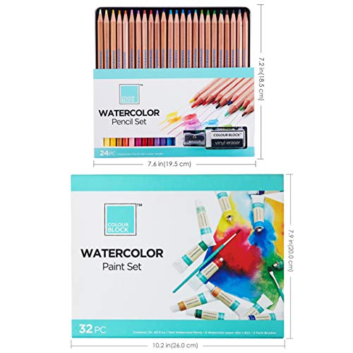COLOUR BLOCK 56 Piece Watercolor Bundle Set with 24pc Color Watercolor Pencil Set in Tin Box and 32pc Watercolor Paint Set in Cardboard Gift Box