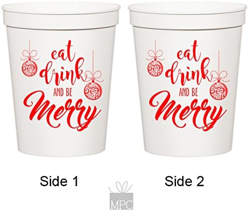 Christmas White Plastic Stadium Cups - Eat, Drink and be Merry (10 cups)