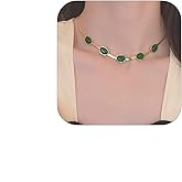 NLMSKI Green Oval Cabochon Station Herringbone Bar Link Necklace For Women Elegant Vintage Statement Adjustable Collar Gold Color Classic