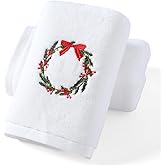 sense gnosis White Hand Towel Set of 2 Premium 100% Cotton Thick Ultra Soft Highly Absorbent Christmas Wreath Embroidered Luxury Hand Towels for Bathroom Decorative 13 X 29 Inch