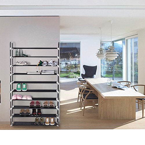MaidMAX 10 Tiers Free Standing Shoe Rack for 50 Pairs of Shoes Organizer in Closet Entryway Hallway, Metal Frame and Fabric Shelves, 39.4 x 11.4 x 68.9'', Black