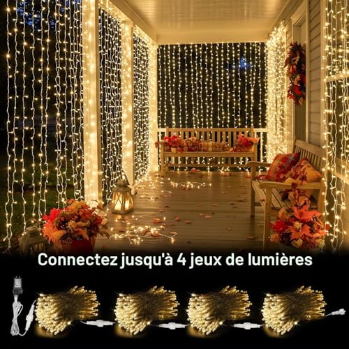 Joycome Light Curtain, 6 x 3 m, 600 LEDs, Mains Powered Light Curtain, 8 Modes String Lights for Interior, Outdoor, Wall, Bedroom, Ceiling, Balcony, Wedding Decoration – Warm White