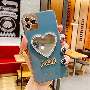 GGDK Luxurious Mirror case for iPhone X/11/12 pro max，Makeup Mirror Mobile Phone case, Heart-Shaped Mirror Frame Protective case Blue for iPhone Xs/X