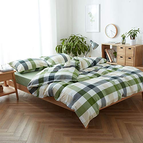 DOUH Washed Cotton Duvet Cover King, Green Duvet Cover Set 3 Pieces, Super Soft Plaid Pattern Bedding Set 1 Duvet Cover with 2 Pillowcases