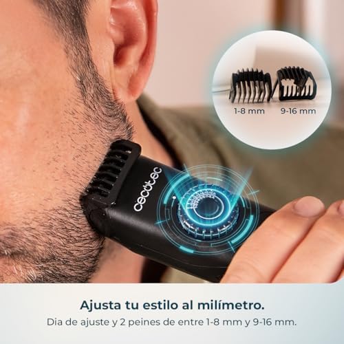Recortadora de Barba PrecisionCare Barber Elite. Barbero con Cuchillas de Acero Inoxidable, Autonomía 120mins, Corte Preciso, 2 Peines 1-8mm y 9-16mm, Pantalla, IPX6, Carga Rápida