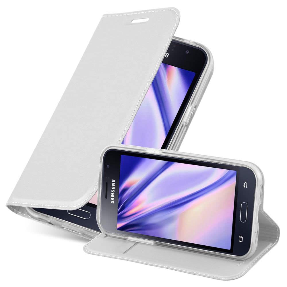 cadorabo Book Case works with Samsung Galaxy J1 2016 in CLASSY SILVER - with Magnetic Closure, Stand Function and Card Slot - Wallet Etui Cover Pouch PU Leather Flip