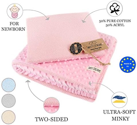 Sweet Dreams* Baby Blanket & Pillow Set for Boys & Girls | Comfort for Home & Travel Soft Fabric for Warm & Cuddly Sleeping | for Stroller, car & Nursery (75x90) 100% Cotton and Minky (1002)(Pink)