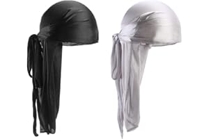 2 PCS Silk Durags - 360 Wave Cap Bandana Hat with Long Tail and Wide Straps for Women, Men, Unisex