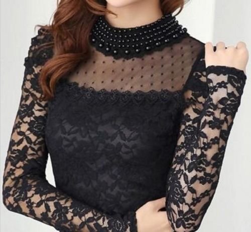 pomo-z women's long sleeve embroidery pearl sheer lace crochet blouse shirt top