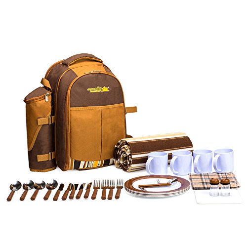 TAWA Picnic Backpack Bag for 4 Person With Cooler Compartment, Detachable Bottle/Wine Holder, Fleece Blanket, Plates and Cutlery (Coffee)