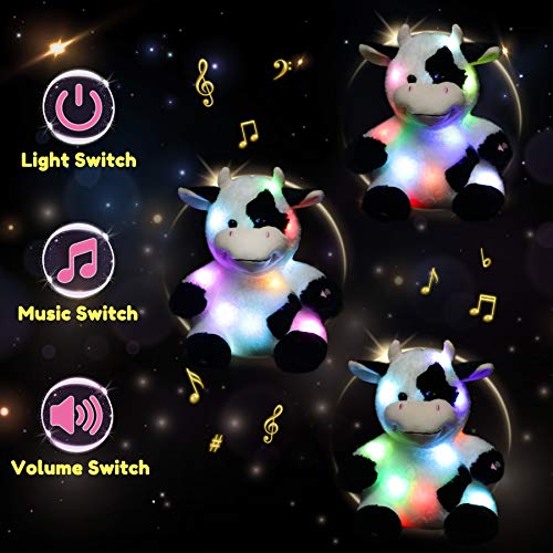 Hopearl LED Musical Stuffed Cow Light up Singing Plush Toy Adjustable