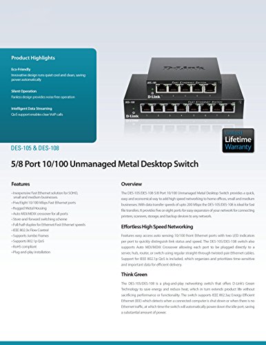 D-Link 5 Port 10/100 Unmanaged Metal Desktop Switch (DES-105)