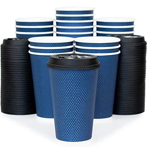 Glowcoast Disposable Coffee Cups With Lids - 16 oz To Go Coffee Cup With Lid (70 Set). Large Togo Travel Paper Hot Cups Insulated For Hot and Cold Beverage Drinks, No Sleeves Needed (Midnight Blue)
