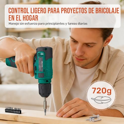 Hi-Spec Cordless Drill Driver 8V USB Rechargeable with Household Tool Set Compact Case with Drill Bits Hammer Tips Pliers Accessories DIY Furniture Assembly Green