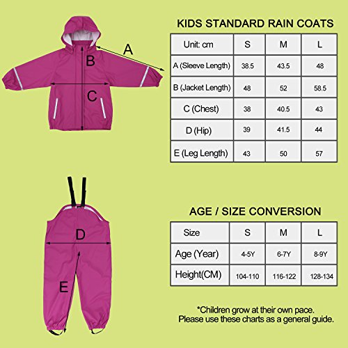 Andake Kids Rain Suit, Waterproof Rain Jacket and Bib Overall (Pink, M (6-7Y)) - Thumbnail 5