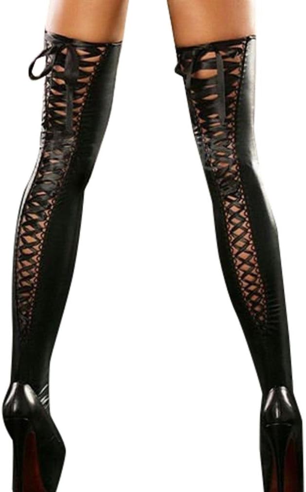 DMZing Women's Sexy Thigh-high Leather Hollow Out Stockings Lace Lingerie Bow Clubwear Socks