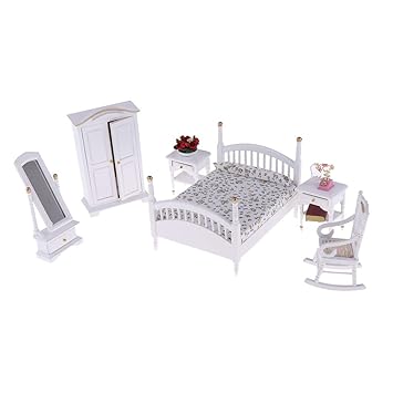 Fityle 1 12 Dollhouse Bedroom Furniture Kit 10 Pieces White Double Bed Wardrobe Dressing Mirror Chair Table Telephone Potted Set