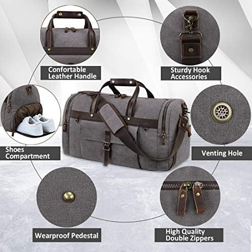 Travel Duffel Bag Waterproof Duffle Bags for Men Oversized Genuine Leather Carryon Weekend bag Canvas Overnight Bag Grey 3 Travel Duffel Bag Waterproof Duffle Bags for Men Oversized Genuine Leather Carryon Weekend bag Canvas Overnight Bag Grey