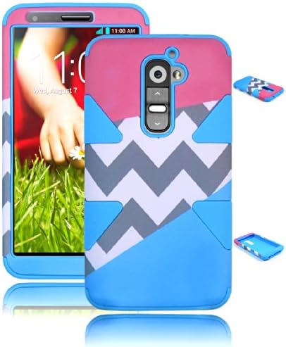 Bastex Heavy Duty Dynamic Hybrid Case For LG G2 VS980 D800 Sky Blue Silicone - Pink and Blue with Grey and White Chevron Design Shell Cover