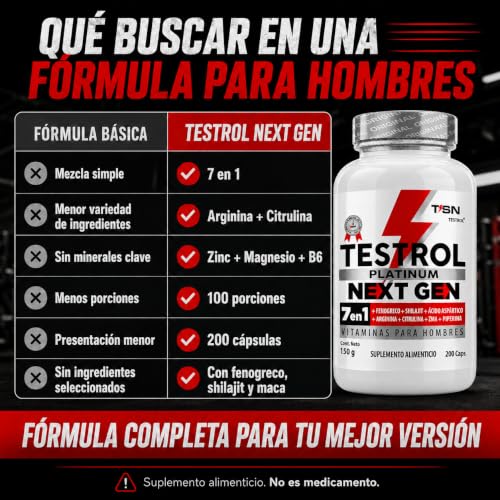 Testrol Platinum Next Gen 7 En 1 para Hombres | Shilajit, Fenogreco, Ácido Aspártico, Maca, Arginina, Citrulina y ZMA | (200 caps)