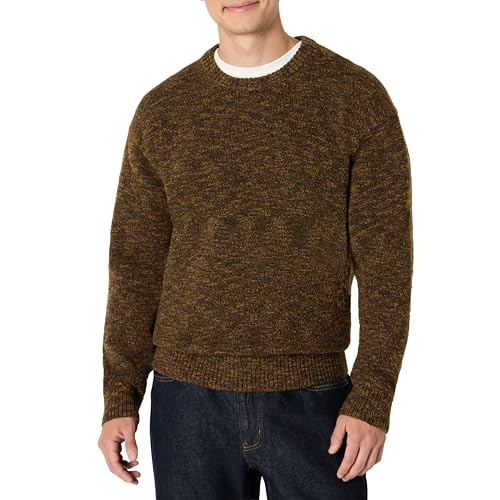 Amazon Essentials Men's Relaxed-Fit Two-Tone Heavyweight Crewneck Pullover Sweater, Wool Blend, Dark Brown Marl, XX-Large