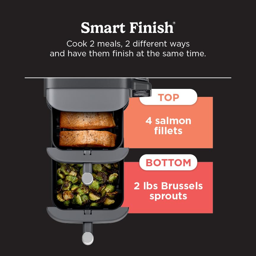 Freidora de aire inteligente Ninja DoubleStack XL de 2 cestas, sistema de cocción inteligente, tecnología DoubleStack Cocine 4 alimentos a la vez, diseño que ahorra espacio, 10 QT, 6 en 1, cocción inteligente con acabado y combinación, freír al aire, asar, hornear SL451