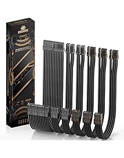 AsiaHorse PSU Extension Cable, 16 AWG Power Supply Sleeved Cable Kit of Transparent Connector, 1x24Pin/2x4+4 EPS/3x6+2 PCI-E, 30cm Length of Braided ATX Sleeved with Combs-Bright Black