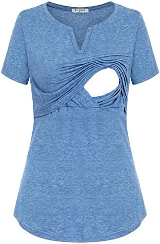 Hellmei Nursing Pajama Top, Maternity Women Soft Flattering Cute Breastfeeding Blouse Solid Nursing Sleep Shirt Functional with Discrete Access for Latched Mama Blue XXL