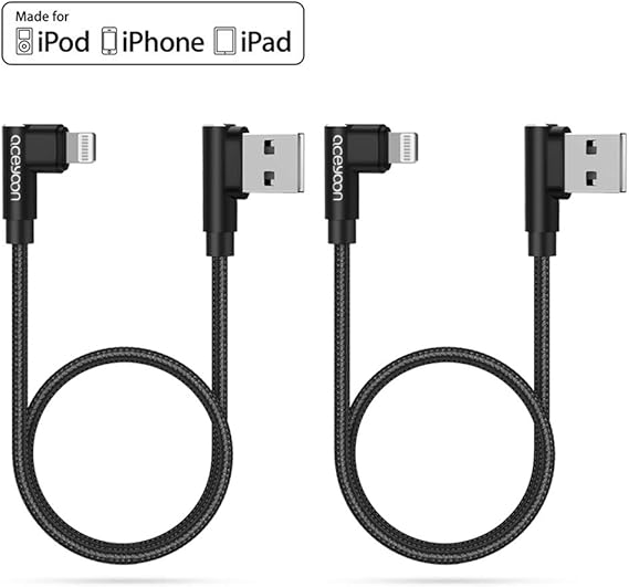 aceyoon MFi Lightning, Lot de 2 Cable Lightning Coudé Charge & Synchro