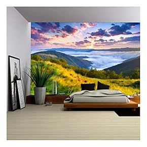 Digital Artwork in Watercolor Painting Style. Beautiful Summer Sunrise in The Mountains. - Removable Wall Mural | Self-Adhesive Large Wallpaper - 66x96 inches
