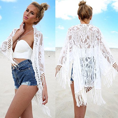 Binmer(TM)Women Lace Long Tassel Bikini Swimwear Cover Up Beach Coat Bathing Suit (S)