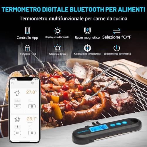 INKBIRD Professional Digital Barbecue Bluetooth Kitchen Thermometer with 2 Stainless Steel Probe for Meat IHT-2PB BBQ Grill Oven