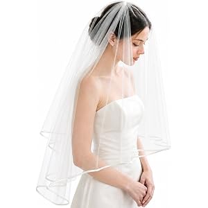 Arykoib Short Bridal Veil Satin Edge Wedding Veil with Comb | 1-Tier & 2-Tier Bridal Veil for Bachelorette Party, Halloween C