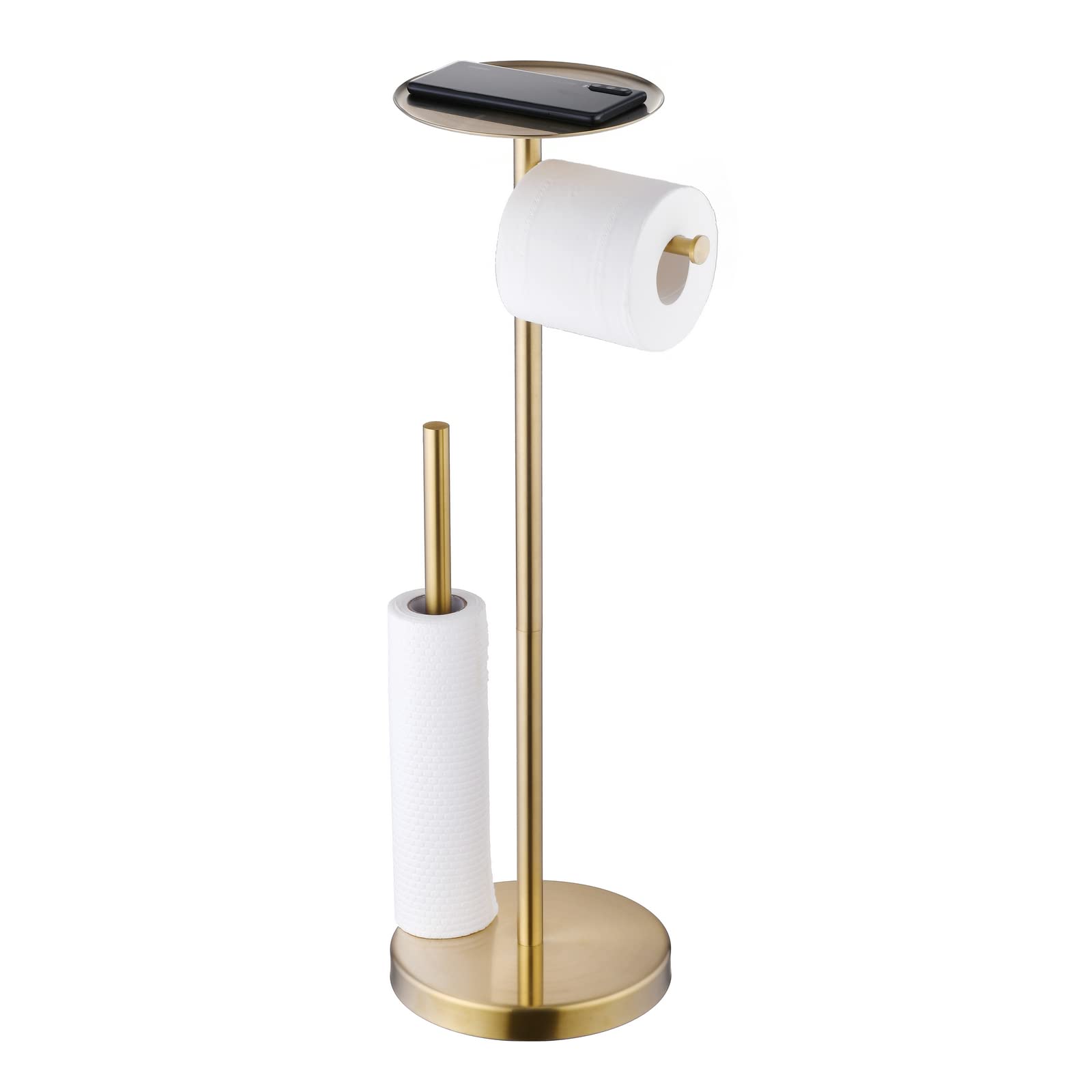 SHUNLI Gold Toilet Paper Holder Stand with Shelf, Free Standing Toilet Roll Holder with Storage Reserve, Stainless Steel SUS304, Brushed Brass