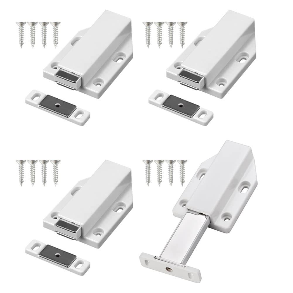 4 Pack Push to Open Cabinet Hardware Magnetic Touch Latches, Magnetic Push Latch Heavy Duty for Doors Drawers Release Latch Kitchen Drawer Push Catch Pop Out Latch White